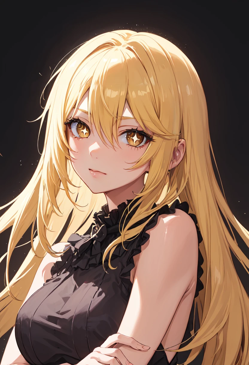shinosawa hiro,slender,amber eyes,white eyelash,blonde hair,long hair,hairclip,white background,flat chest,black clothes,