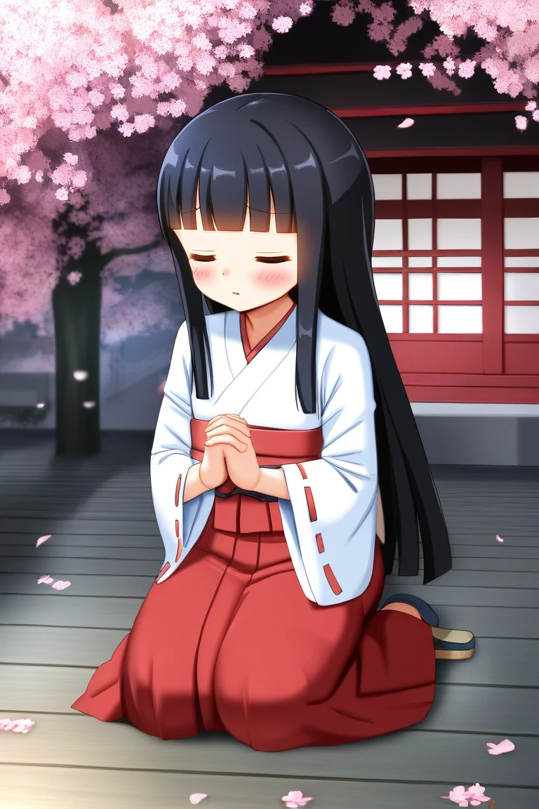 score_9, score_8_up, score_7_up, rating_safe BREAK
1girl, blunt bangs, extremely long hair, shiny black hair, closed eyes, flat chest, (praying hands), miko, red skirt, japanese clothes, on floor, (seiza), full body, wide shot, shrine, cherry blossoms