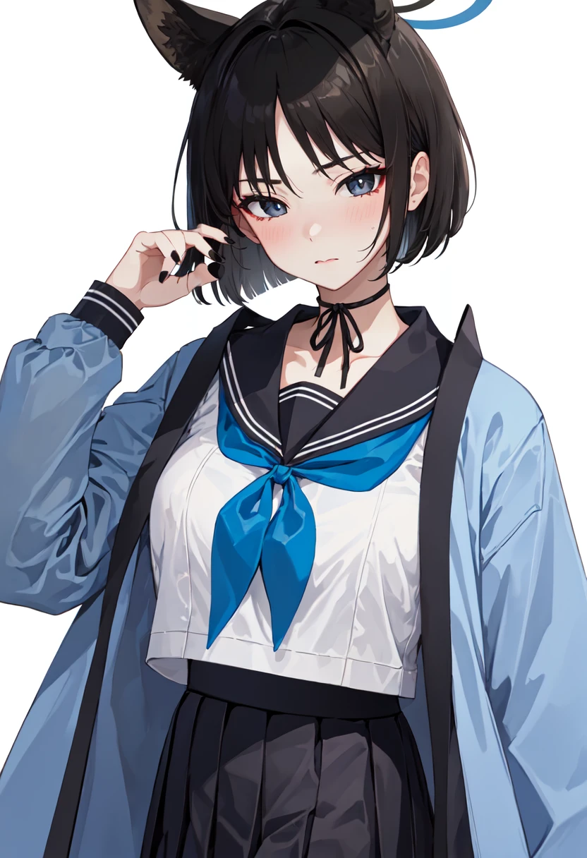 best quality, masterpiece, highres, solo, (kikyou_bluearchive:1.10), 1girl, black sailor collar, black skirt, blue neckerchief, fingernails, long sleeves, pleated skirt, serafuku, nail polish, white background, black nails, looking at viewer, simple background, haori, closed mouth, blush, 5 <lora:kikyou_bluearchive:0.80>