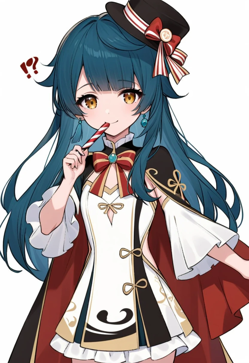 1girl,genderswap (mtf),xingqiu (genshin impact),closed mouth, eating, holding, holding food, looking at viewer, smile, solo, standing,bow, bowtie, brown bow, brown bowtie, brown cape, candy cane, candy hair ornament, cape, food-themed hair ornament, frilled ascot, frills, hair ornament, hat, polka dot, red bow, striped bow, white ascot,!?, simple background, white background,small breasts,earrings,long hair,yellow eyes,blue hair,
masterpiece,best quality,absurdres,<lora:OC-a31-xingqiu-girl:0.8>,