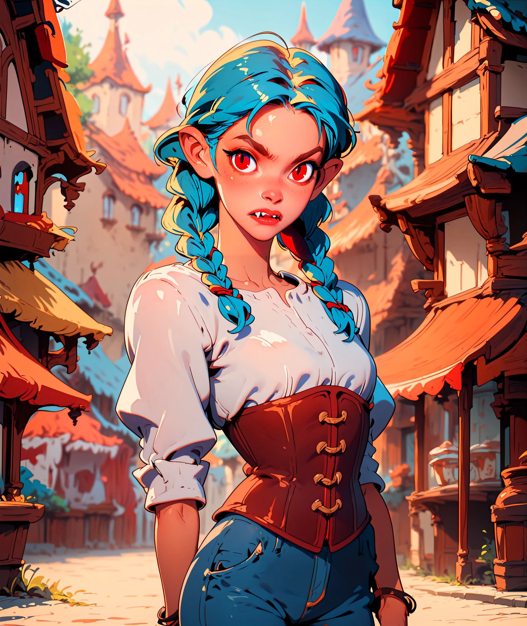 score_9, score_8_up, score_7_up, woman, jeans, blue blonde hair, twin braids, red eyes, corset, (fangs:0.8), standing, village background, closed mouth <lora:KatounPony:1>