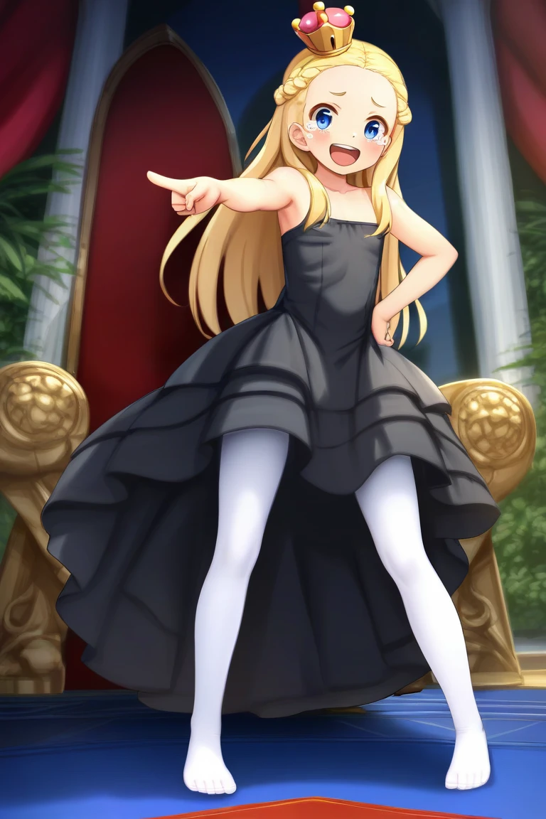 score_9, score_8_up, score_7_up, rating_safe BREAK 1girl, (laughing, open mouth, tearing up:1.2), outstreched arm, pointing at viewer, blonde hair, braided bangs, long hair, gold mini crown, blue eyes, forehead, flat chest, black dress, white pantyhose, barefoot, standing, (full body, very wide shot:1.2), hand on own hips, royal throne, luxurious living room