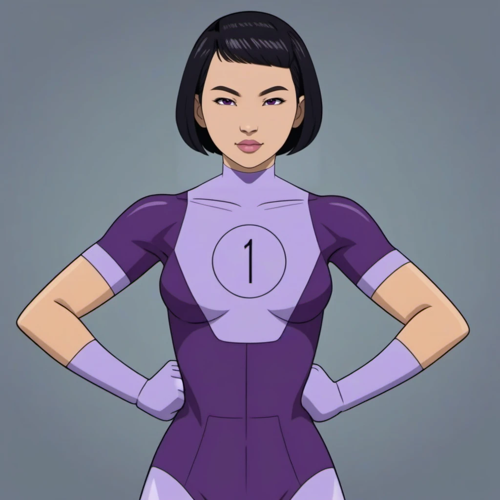 cinematic photo DupliKate1024,a full body asian woman wears a purple bodysuit, a number in a circle on the chest, fightingposes <lora:DupliKate1024:1> . 35mm photograph, film, bokeh, professional, 4k, highly detailed