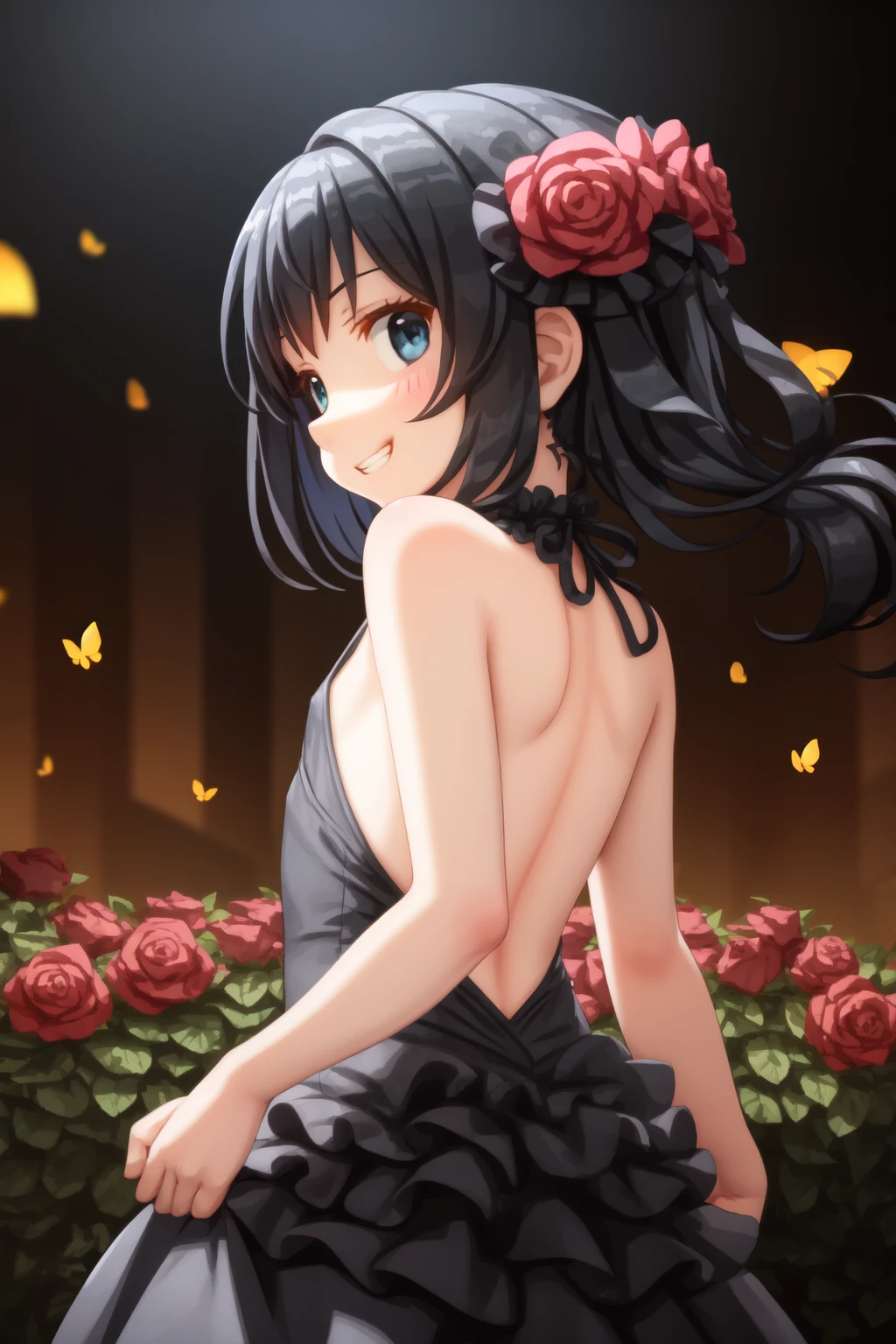 (masterpiece, best quality:1.2),
1girl, solo, (cute, petite:1.2), dark theme, dark, upper body, side face, grin, parted lips BREAK
(looking back, back focus), floating hair, black dress, bare shoulders,(delicate and beautiful eyes), flat chest, gothic fashion BREAK
(roses:1.2), fog, (fireflies), underlighting, bokeh, blurry background, strong visual impact, film lighting, from side