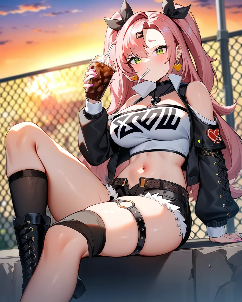 bare_shoulders, thigh_strap, long_sleeves, knee_up, nail_polish, midriff, commentary, solo, large_breasts, open_jacket, highres, holding_cup, black_ribbon, feet_out_of_frame, micro_shorts, drinking_straw, single_sock, thighs, cutoffs, asymmetrical_legwear, heart_earrings, black_socks, nicole_demara, chain-link_fence, sitting, sunset, shoulder_cutout, disposable_cup, navel, 1girl, hair_ribbon, single_thighhigh, black_shorts, boots, black_footwear, pink_nails, stomach, crop_top, tube_top, black_jacket, outdoors, looking_at_viewer, two_side_up,masterpiece,best quality,