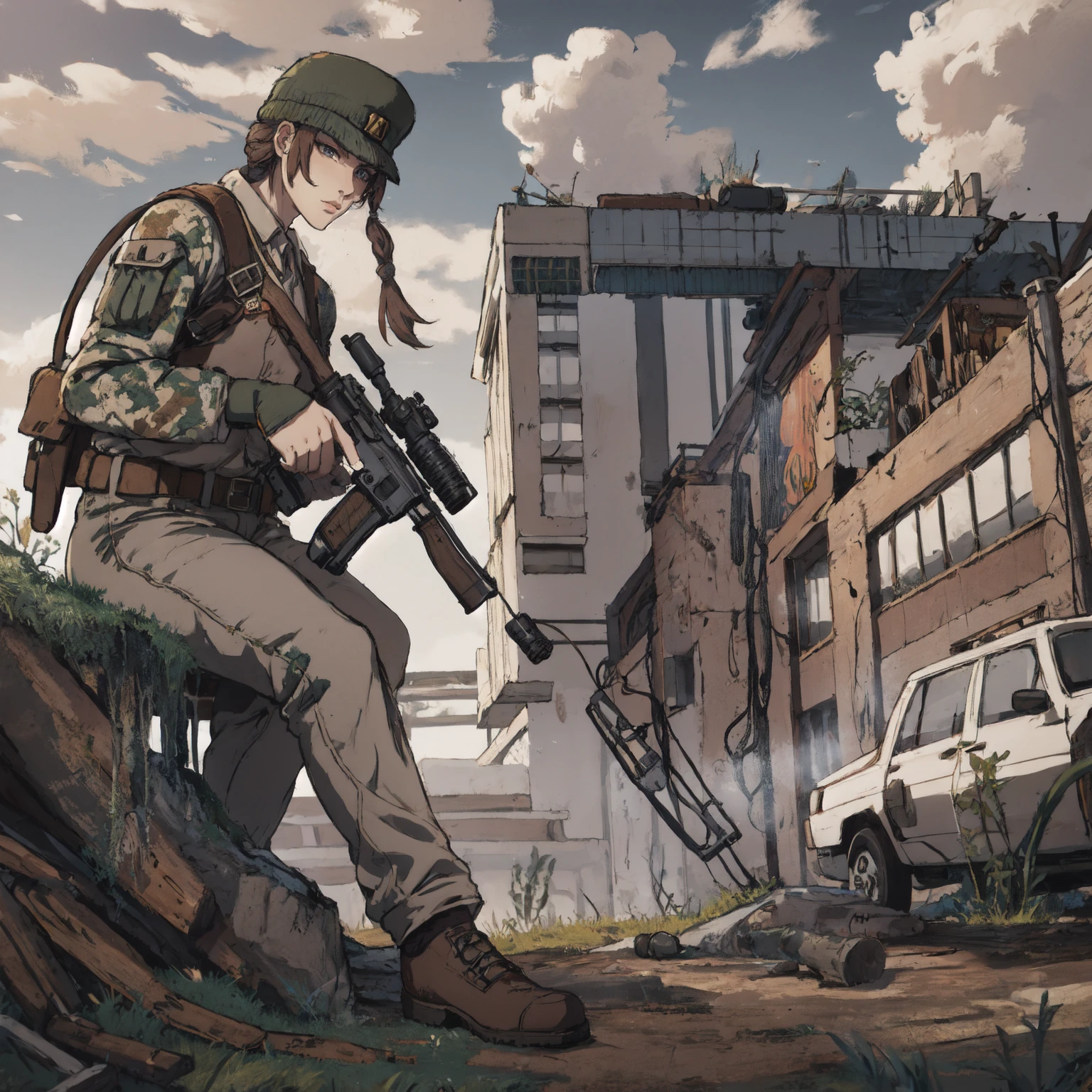 (masterpiece, highres, detailed),<lora:vinstyle>,vinstyle,1girl,assault rifle,backpack,bag,building,camouflage,city,cityscape,cloud,cloudy sky,grass,gun,hat,helicopter,holding gun,machine gun,military,military uniform,outdoors,plant,realistic,rifle,ruins,sky,skyscraper,sniper rifle,soldier,submachine gun,tree,trigger discipline,weapon,