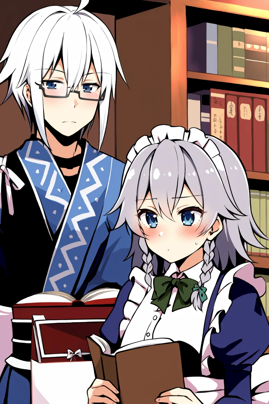 masterpiece, best quality,<lora:MorichikaRinnosuke:1>,
1girl, morichika rinnosuke, 1boy, izayoi sakuya, blush, glasses, maid headdress, book, blue eyes, bookshelf, maid, short hair, ahoge, white hair, braid, grey hair, twin braids