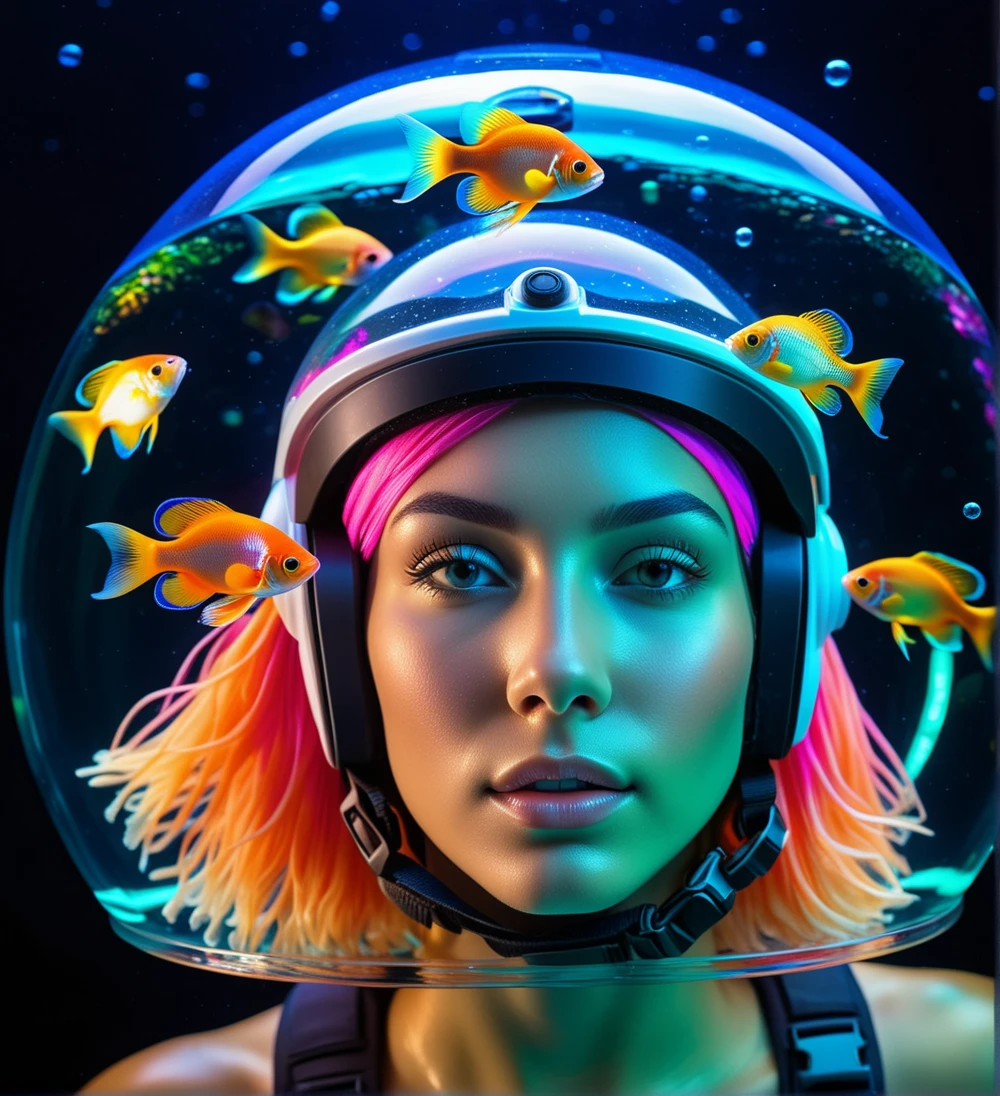 a closeup (head-on) portrait of a beautiful female floating in space and wearing a glass bubble aquarium filled with neon fish for a helmet, her helmet is filled with water and is teeming with vibrant ocean life ((Best quality, masterpiece):1.2), An incredibly detailed and stunning artwork with dynamic composition, breathtaking lighting, and vibrant colors. High resolution and flawless execution. chromatic jellyfish, neon fish, her hair floats inside her helment