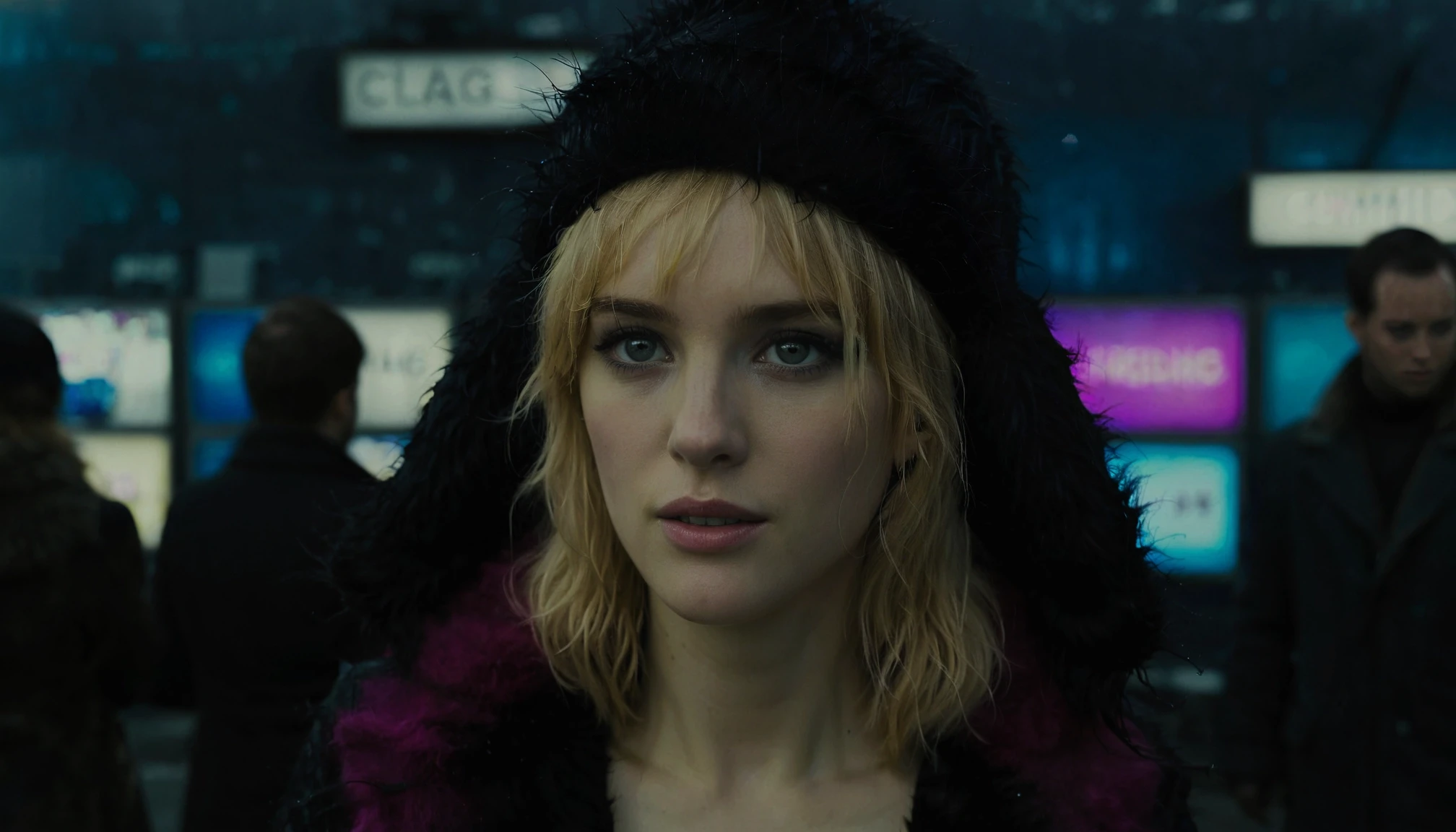 breathtaking cinematic film still Blade Runner 2049, science fiction futuristic film directed by Denis Villeneuve. The image showcases a close-up of a woman with blonde hair, wearing a black furry hat and a pink fur coat. She appears to be in a dimly lit setting, possibly an urban environment, with neon lights in the background. The lighting is moody, casting shadows and highlighting the woman's facial features., Blade Runner 2049, science fiction futuristic film directed by Denis Villeneuve. The image showcases a close-up of a woman with blonde hair, wearing a black furry hat and a pink fur coat. She appears to be in a dimly lit setting, possibly an urban environment, with neon lights in the background. The lighting is moody, casting shadows and highlighting the woman's facial features. . shallow depth of field, vignette, highly detailed, high budget, bokeh, cinemascope, moody, epic, gorgeous, film grain, grainy . award-winning, professional, highly detailed