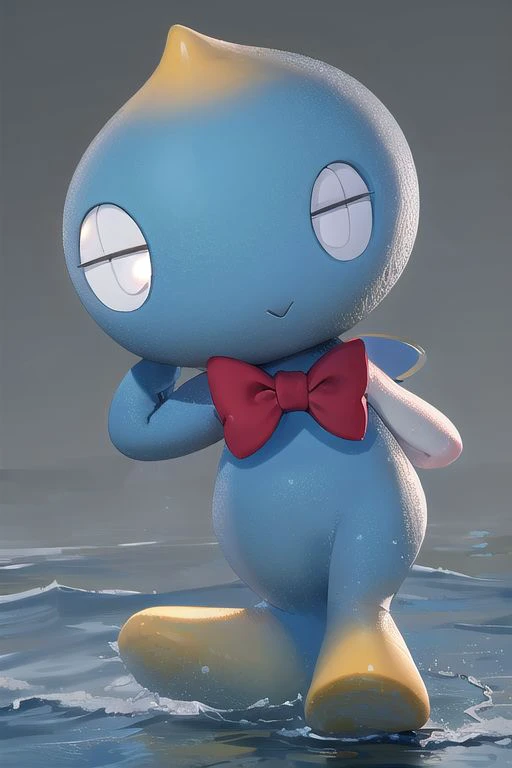 , High quality, nonblurry, male focus, Ultra HD, HDR, 8K, smooth lighting, solo, (fully clothed, masterpiece, photorealistic, good shading, studio quality), (Chao, cute, Chao, red bowtie, blue creature, round waterdrop-like heads, large eyes, no nose, short tail, small wings, floating dot above it's head, round torso, smooth feet), ((skinny, small, epic lighting)), best_quality, perfect quality, cinematic lighting, highest quality, intricate details