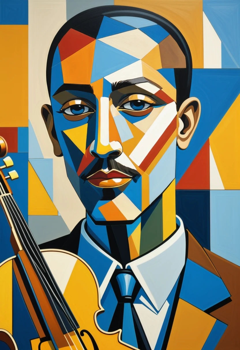 Cubist: A portrait of a jazz musician with fragmented features, inspired by Picasso.