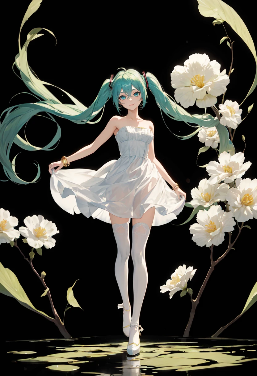 best quality, masterpiece, highres, solo, (hatsune_miku_bluearchive:1.10), 1girl, white dress, bare shoulders, smile, strapless dress, full body, looking at viewer, green hair, floating hair, standing, white thighhighs, bracelet, green eyes, see-through dress, closed mouth, gold trim, absurdly long hair, black background, flower, white footwear, 4 <lora:hatsune_miku_bluearchive:0.80>