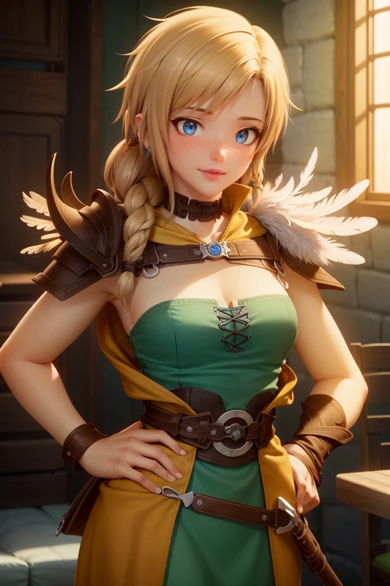 (realistic:1.3), solo, biancawhitaker, long hair, breasts, blue eyes, blonde hair, cleavage, choker, jewelry, braid, armor, green clothes, lips, single braid, feathers, shoulder armor, hair over shoulder, freckles, weapon, <lora:Bianca_Whitaker_Dragon_Quest_Your_Story:1>, small breasts, full body, looking at viewer, light smile,  beautiful detailed face, beautiful detailed eyes, sharp details, unreal engine, octane render, <lora:add_detail:0.3>