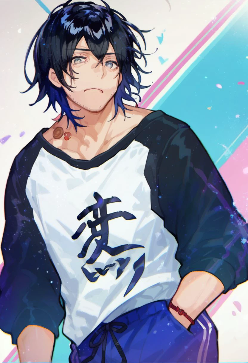 score_9, score_8_up, score_7_up, 1boy, solo, owari sekai, 1boy, black hair, gray eyes, white shirt, blue pants, pastel background