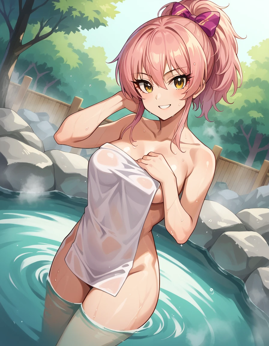 score_9, score_8_up, score_7_up, source_anime,
mikajougasaki, <lora:mika-jougasaki-ponyxl-lora-nochekaiser:1>
mika jougasaki, hair bow, long hair, pink hair, yellow eyes, ponytail, smile,
, , 
outdoors, onsen, towel,  towel, steam, bathing,  cover, partially submerged, water, bath, steam censor, wet towel,
looking at viewer, dutch angle, cowboy shot,