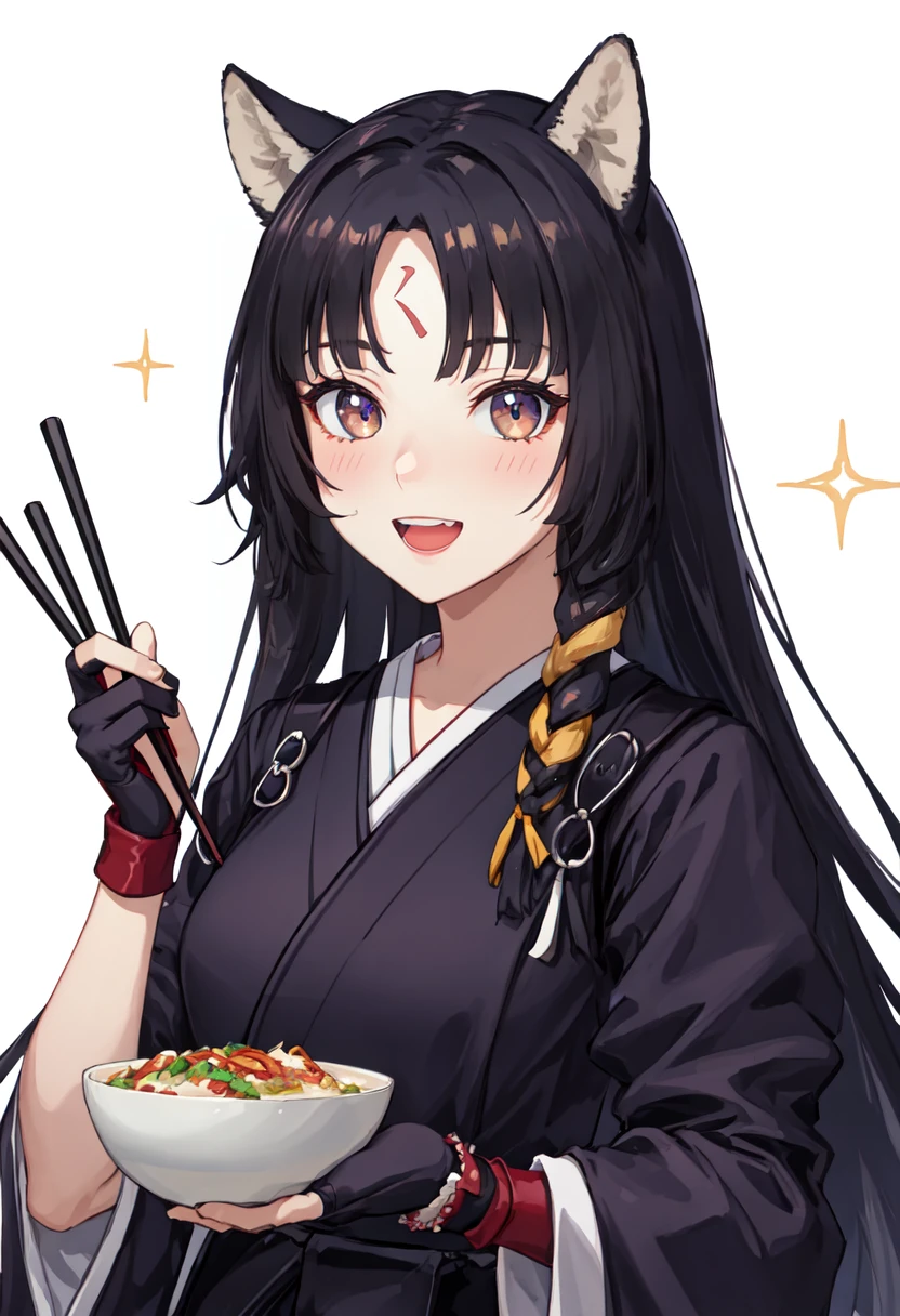 best quality, masterpiece, highres, solo, (saga_arknights:1.10), 1girl, forehead mark, black kimono, holding bowl, simple background, upper body, white background, fingerless gloves, open mouth, looking at viewer, long sleeves, holding chopsticks, blush, purple gloves, :d, rice bowl, sparkle, wide sleeves, food on face, teeth, 9 <lora:saga_arknights:0.80>
