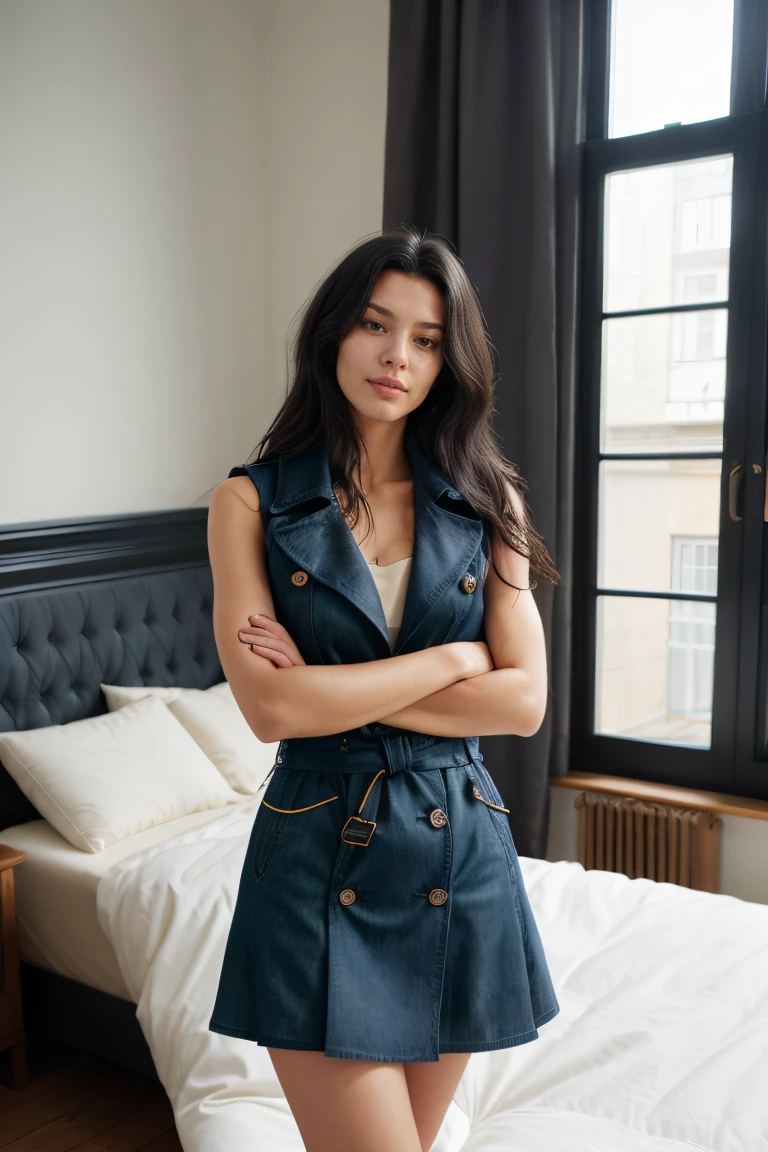 waist up, long-wavy-black-hair , looking at viewer, designer fashion, Sleeveless Trench Coat, Denim skirt, indoors, bed, pillow, morning, natural lighting
<lora:IG_Influencer_By_Stable_Yogi:0.7> 01iginfluencer01,