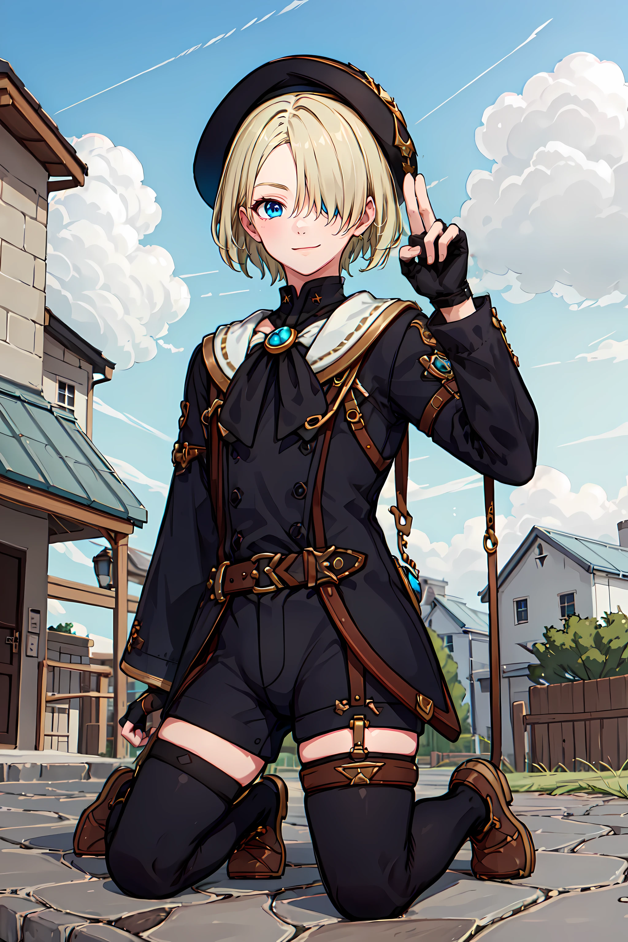 masterpiece,best quality,Freminet, (1boy), cowboyshot,perfect lighting,posing,((wariza)),peace sign,buttons,cinematic,solo,blue eyes, gloves, shorts,hair over one eye,blonde hair,fingerless gloves,short hair, hat, long sleeves,young boy, black footwear, black shorts, socks, belt, thighlet, thigh strap,outdoors,cloud,beautiful scenery, <lora:Freminet:0.26>