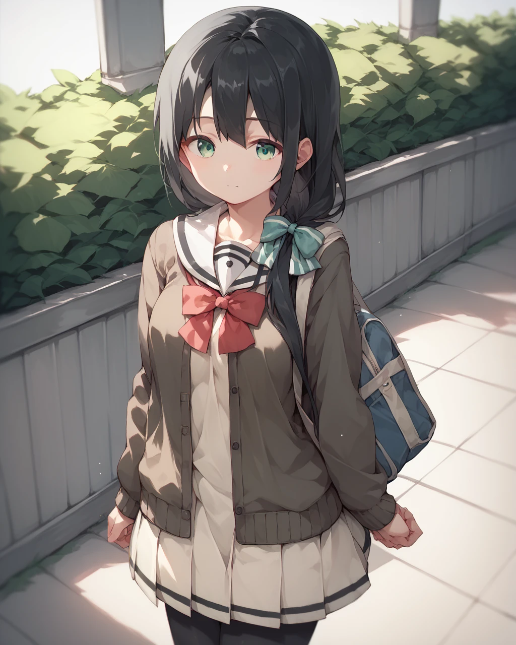 score_9, score_8_up, score_7_up,
<lora:Tougou_mimori_PONY:1>,1girl, solo, long hair, black hair,green eyes,hair over shoulder, school uniform, black pantyhose, cardigan,dress, serafuku,