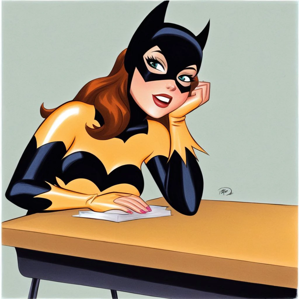 a beautiful female Batgirl sits on a school desk, btstyle<lora:Retro_Cartoons_the_Animated_Series_-_Pony_Club-000009:1:1>