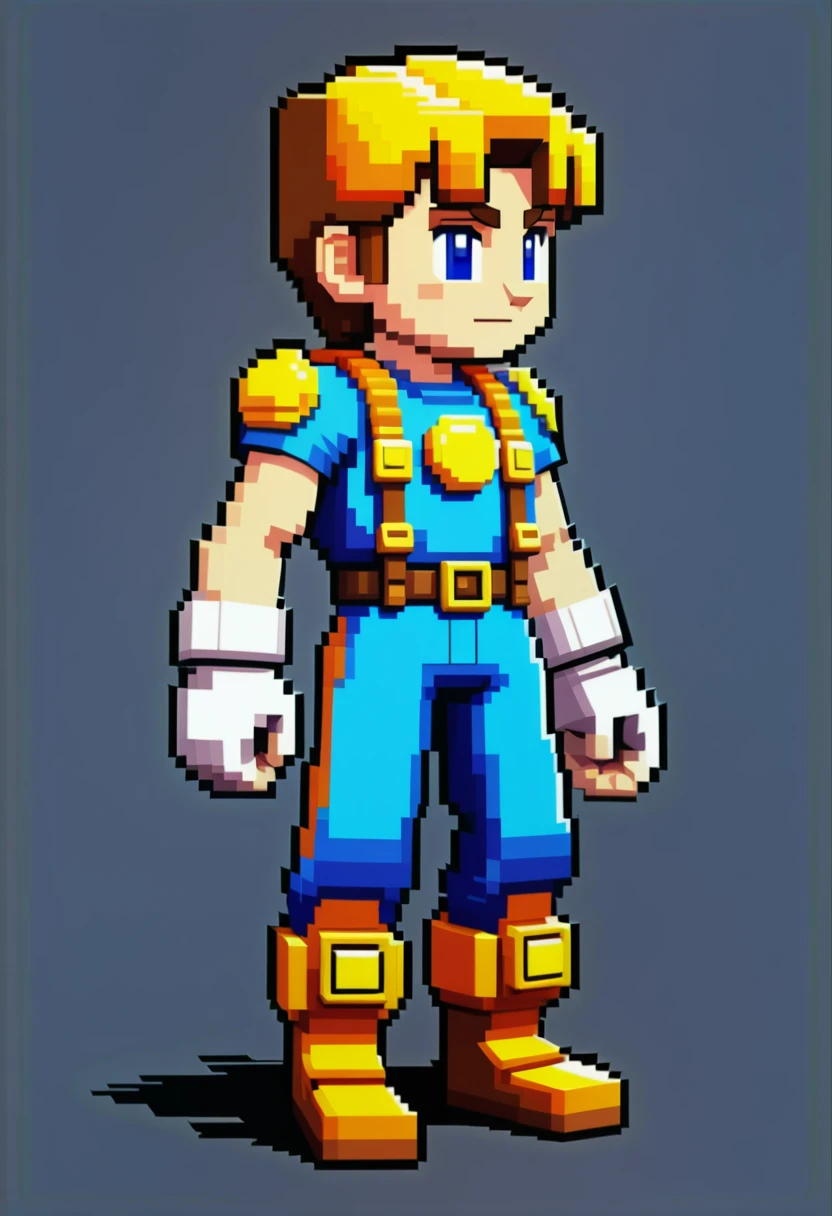 Pixel Art Character: A retro-style video game character with vibrant pixelated details, reminiscent of classic arcade games.