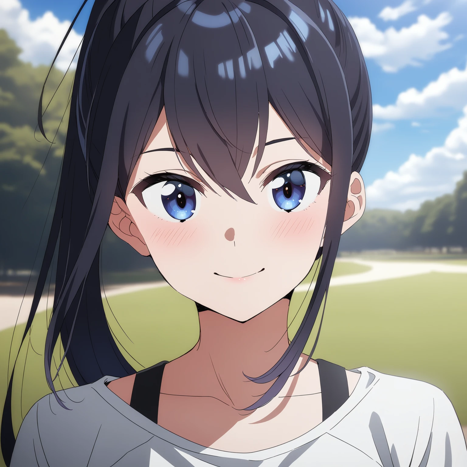 [high quality, best quality], [cinematic], 1girl, solo, hanaoi rena, sportswear, ponytail, looking at viewer, smile, blush, outdoors, park, day, sky, cloud, [bloom, hdr], <lora:suzurena:0.64>