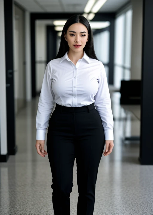 full body shot of business photo of leah_wilde,<lora:leah_wilde:1>,, pants, black attire, big breasts, collared shirt, tucked shirt. Professional attire, workplace setting, confident. Whole outfit, clear, sharp, balanced