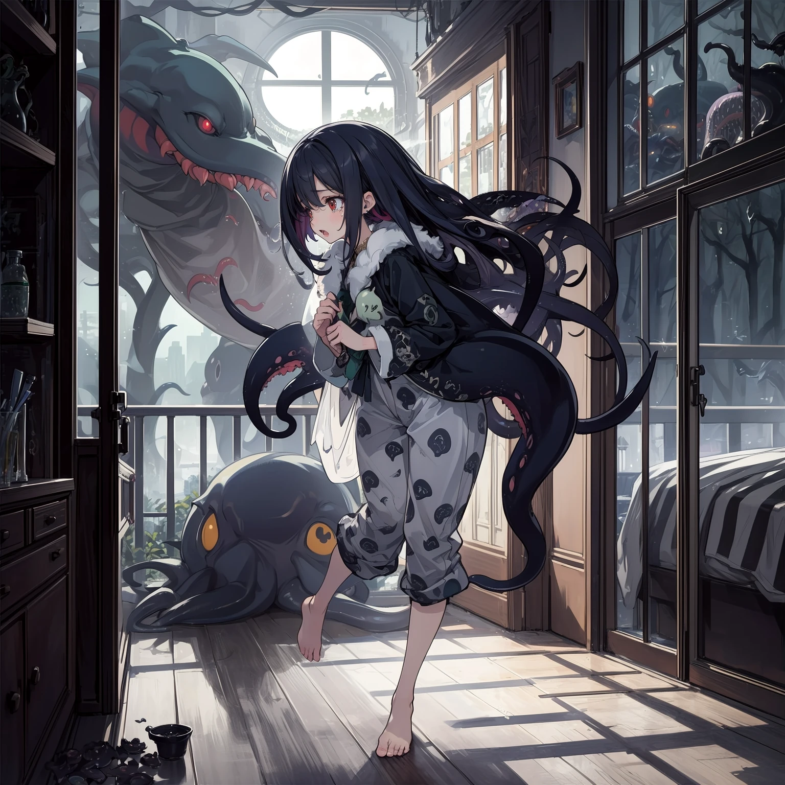 (masterpiece,4k, best quality,slim,thin,skinny), gloom_\(theme\),darkness_\(theme\),horror_\(theme\), part greyscale, mist,fog, panorama view,(greyscale:0.9), night,mid-night,bedroom,messy room,off lights,open window,balcony,forest, floating curtain,broken window,storm,strong wind,bed,tree house,(Octopus tentacles,tentacle pit), 1girl,solo,full body,floating hair,(fur pajamas),barefoot,flat chest,tentacle hair, heel up