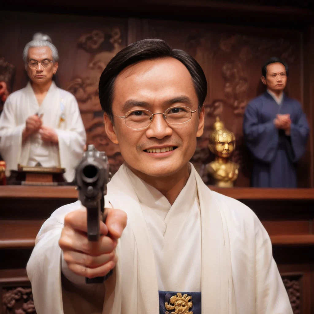 glasses, <lora:XL_Weapon_pistol:0.8> pointing pistol,gun,Create a portrait in the style of a classical painting, featuring a male Taoist priest dressed in traditional white robes. He stands at a podium, exuding an aura of wisdom and serenity. His facial features are detailed, with a calm, composed expression that invites intrigue and respect. The background is an ancient hall, with intricate wooden carvings and soft, ambient lighting that highlights the texture of his robes and the solemn atmosphere of the setting, <lora:cowhead:0.8> ,smile