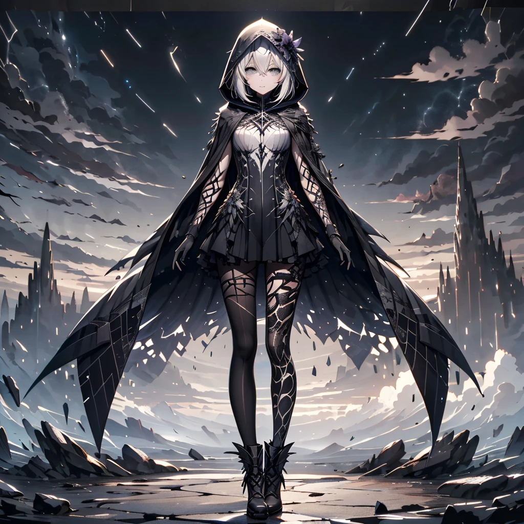 ShatteredCloth,1girl,solo,breasts,looking at viewer,short hair,bangs,hair ornament,detailed hands,detailed face,gloves,dress,hair between eyes,closed mouth,standing,full body,flower,white hair,pantyhose,boots,outdoors,sky,black gloves,cloud,hood,black footwear,grey eyes,expressionless,cloudy sky,cloak,hood up,arms at sides,hooded cloak,black flower,shattered effect on pantyhose,
 <lora:ShatteredClothSD:0.6>