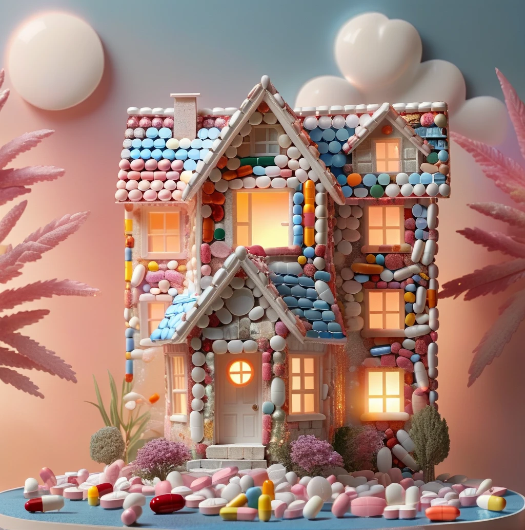 house with pills, beautiful lighting and framing, a very detailed masterpiece, 3d <lora:pills:1.2>