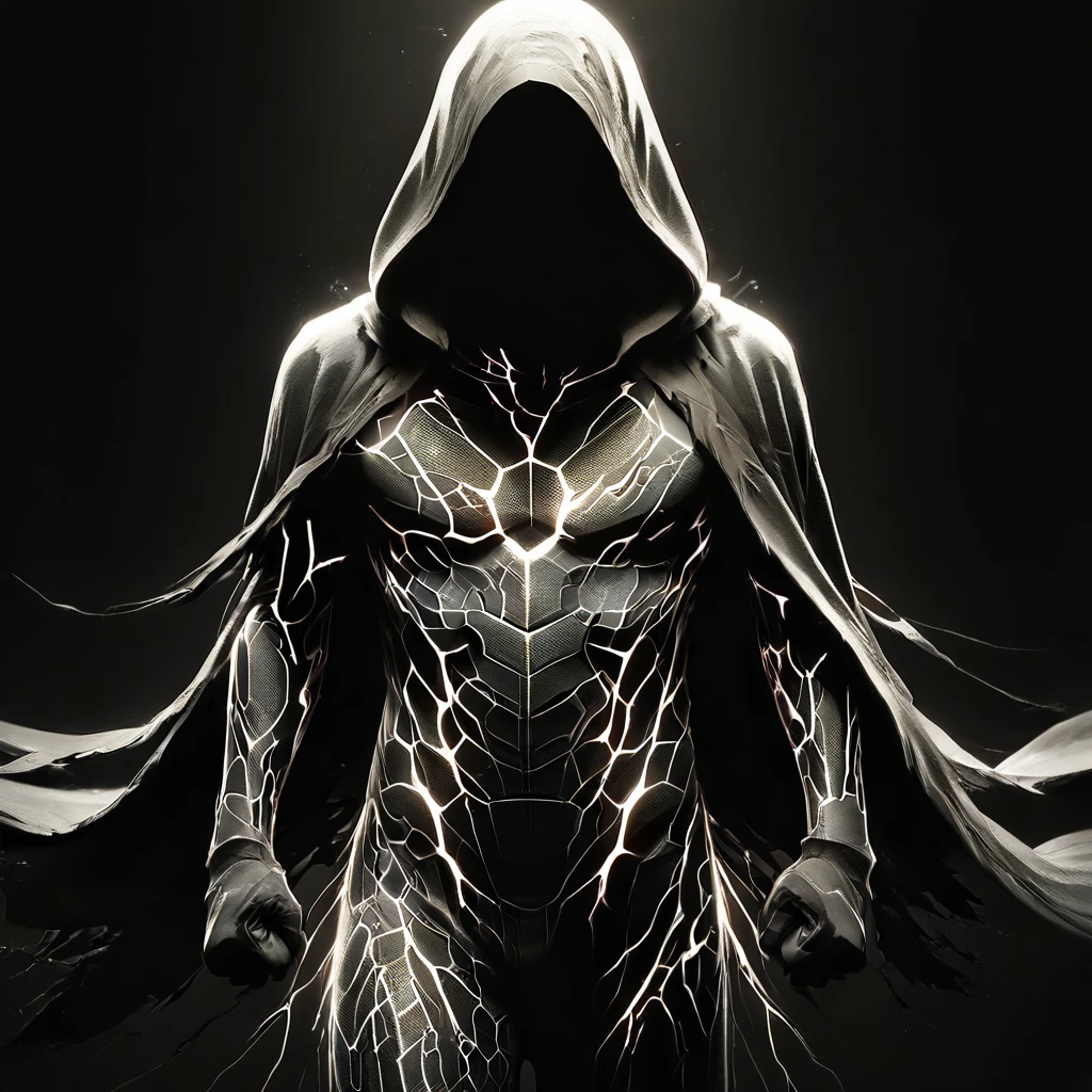 score_9, score_8_up, score_7_up,
ShatteredCloth,score_9,solo,monochrome,greyscale,male focus,hood,cape,black background,facing viewer,cloak,clenched hands,hood up,arms at sides,hooded cloak,dark cloak,no face,face not seen,shattered effect on clothes,face hidden
 <lora:ShatteredClothPony:0.81>