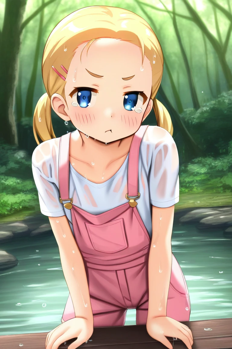 score_9, score_8_up, score_7_up, rating_safe BREAK
1girl, (:t), pout, looking at viewer, tearing up, blue eyes, blonde hair, twintails, hairclip, forehead, flat chest, white t-shirt, pink overalls, forest, river, partially submerged, wet, wet clothes, wet shirt, dripping