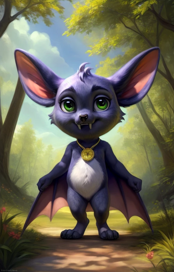 <lora:BattiwigsFillyFuntasiaBatY:0.8>  BattiwigsFillyFuntasiaBatY, Medallion on the neck, green eyes, fangs, bat, chibi
solo,   looking at viewer, (beautiful, aesthetic, perfect, delicate, intricate, masterpiece,)
uploaded on e621, textured fur, furry,  [The sun is shining, nature, forest, river, trees, grass, road, sky with clouds,]
by Floris van Dyck, by Anna Razumovskaya, by Pino Daeni, by Ulitochka