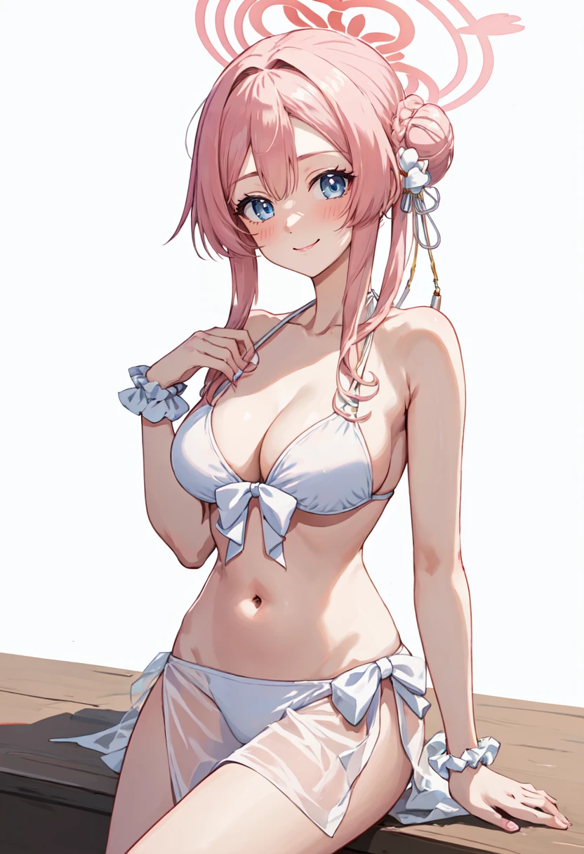 best quality, masterpiece, highres, solo, (mimori_bluearchive:1.10), 1girl, looking at viewer, official alternate costume, white bikini, cleavage, collarbone, navel, simple background, white background, blush, white sarong, smile, closed mouth, bare shoulders, stomach, sidelocks, sitting, wrist scrunchie, 6 <lora:mimori_bluearchive:0.80>