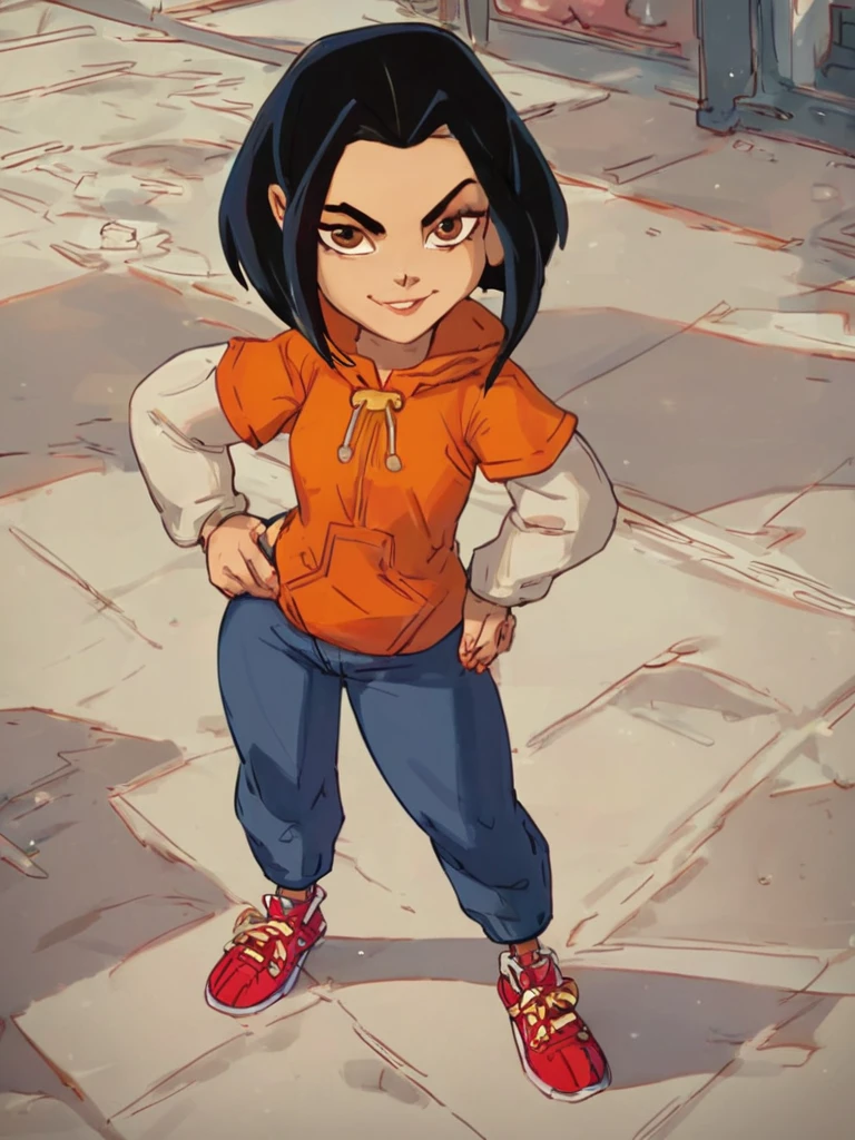 score_9, score_8_up, jadechan, 1girl, black hair, brown eyes, solo, short hair, long sleeves, orange hoodie, smile, pants, sneakers,standing, looking at viewer, hand on own hip, <lora:Jadepony2.2:1> zPDXLxxx