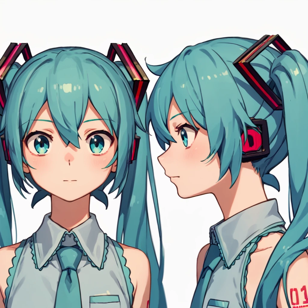 score_9, score_8_up, score_7_up, score_6_up, score_5_up, score_4_up, BREAK source_anime, <lora:character_sheet:0.9>, hatsune miku, , frond an side, multiple views, headshot, front and side,