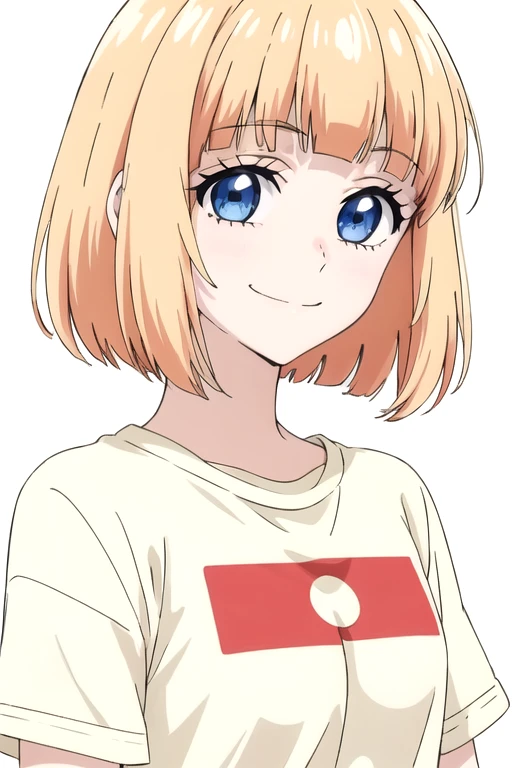 solo, 1girl, looking at viewer, 2D, anime, anime coloring, upper body, (solid white background:1.3), <lora:mona-tarumono:0.7>, mona narumi, t-shirt, smile