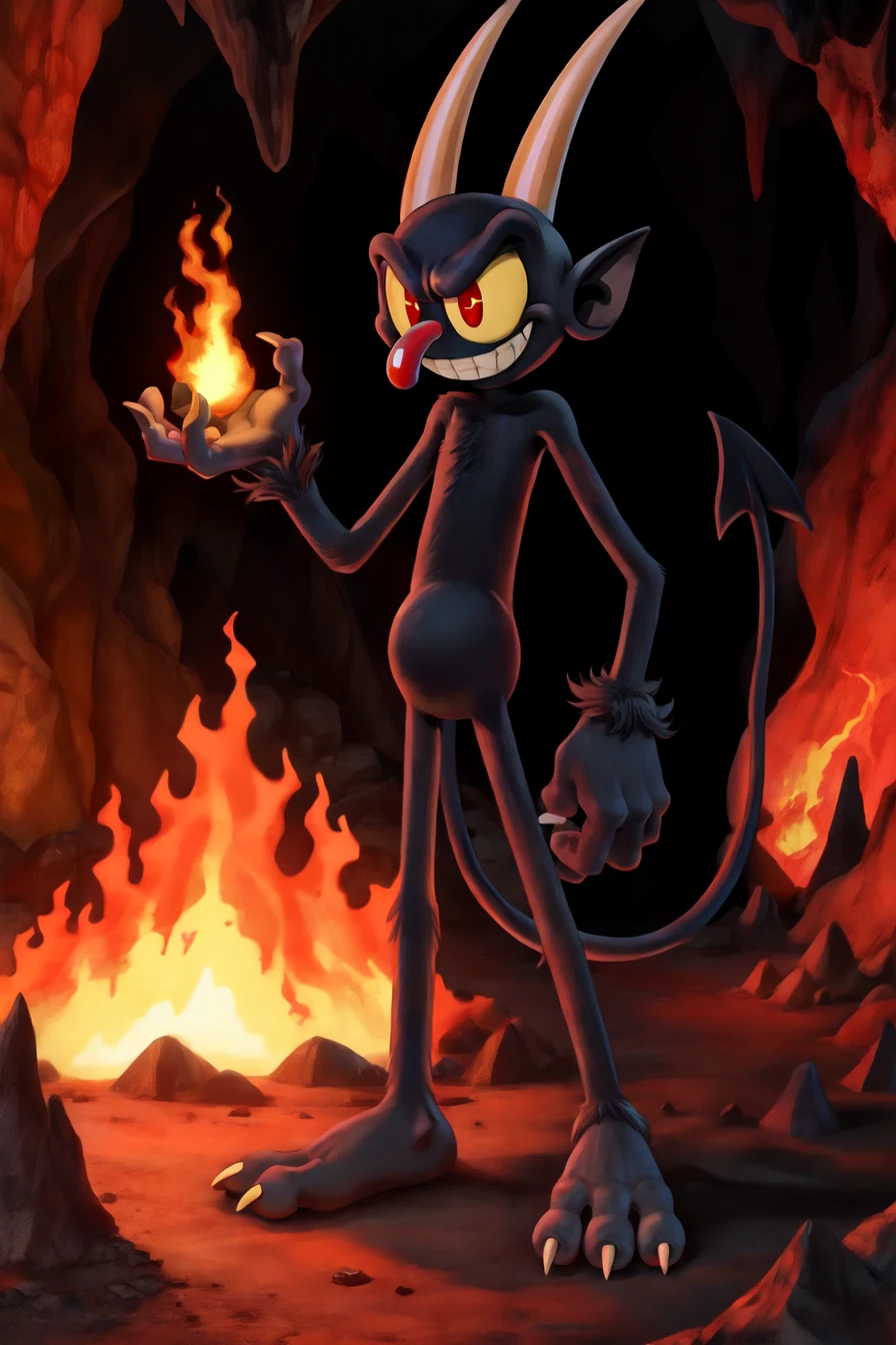 solo, male, the devil \(cuphead\), demon, red nose, spade tail, long tail, 4 fingers, yellow sclera, red eyes, black fur, null, wrist tuft, ankle tuft, grey hands, grey feet, half-closed eyes, grin, teeth, horn, pointy ears, standing, cave, fire, hell, handsome, masculine, skinny, slim, masterpiece, extreme detail, simple eyes, full-length portrait, slightly chubby
