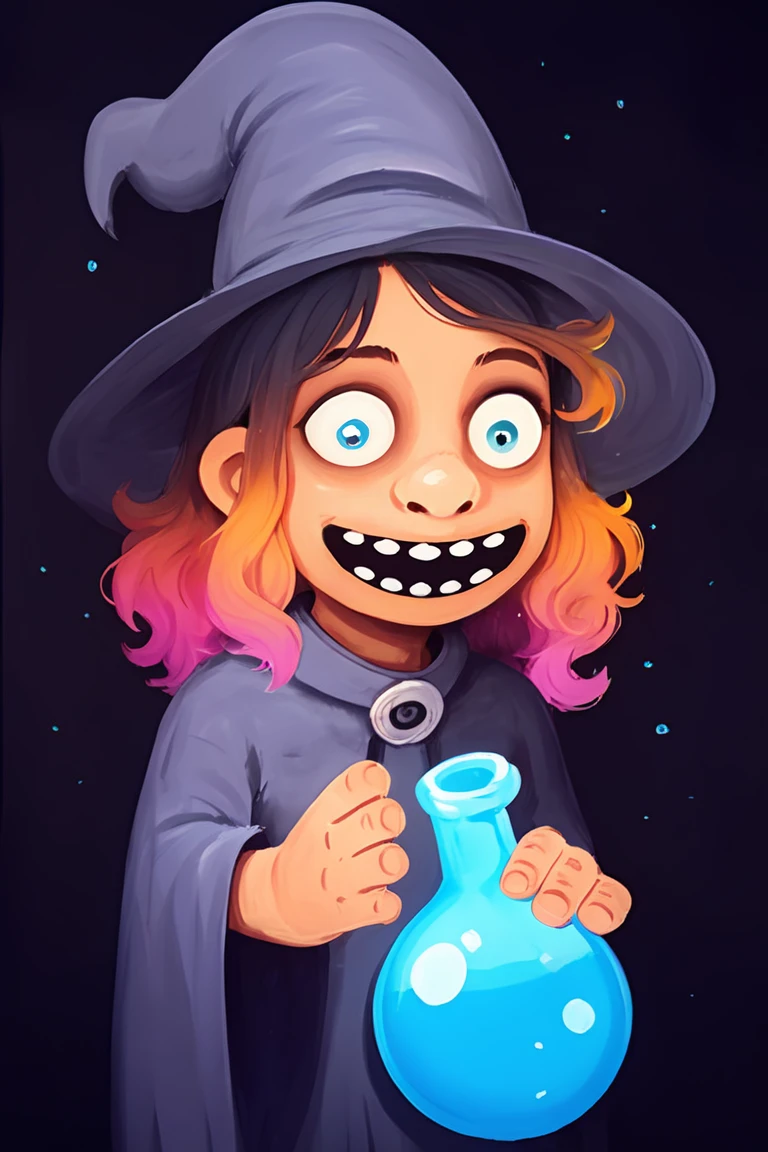 score_9, score_8_up, score_7_up, score_6_up, 1girl, solo, messy hair, color hair, gradient hair,  young beautiful witch making a glowing potion, (bubbles:1.2), witch hat, <lora:lozhkin_pony:0.95> lozhkin, open mouth, teeth, smile, mid shot, body shot, (side view:0.5), imdoors