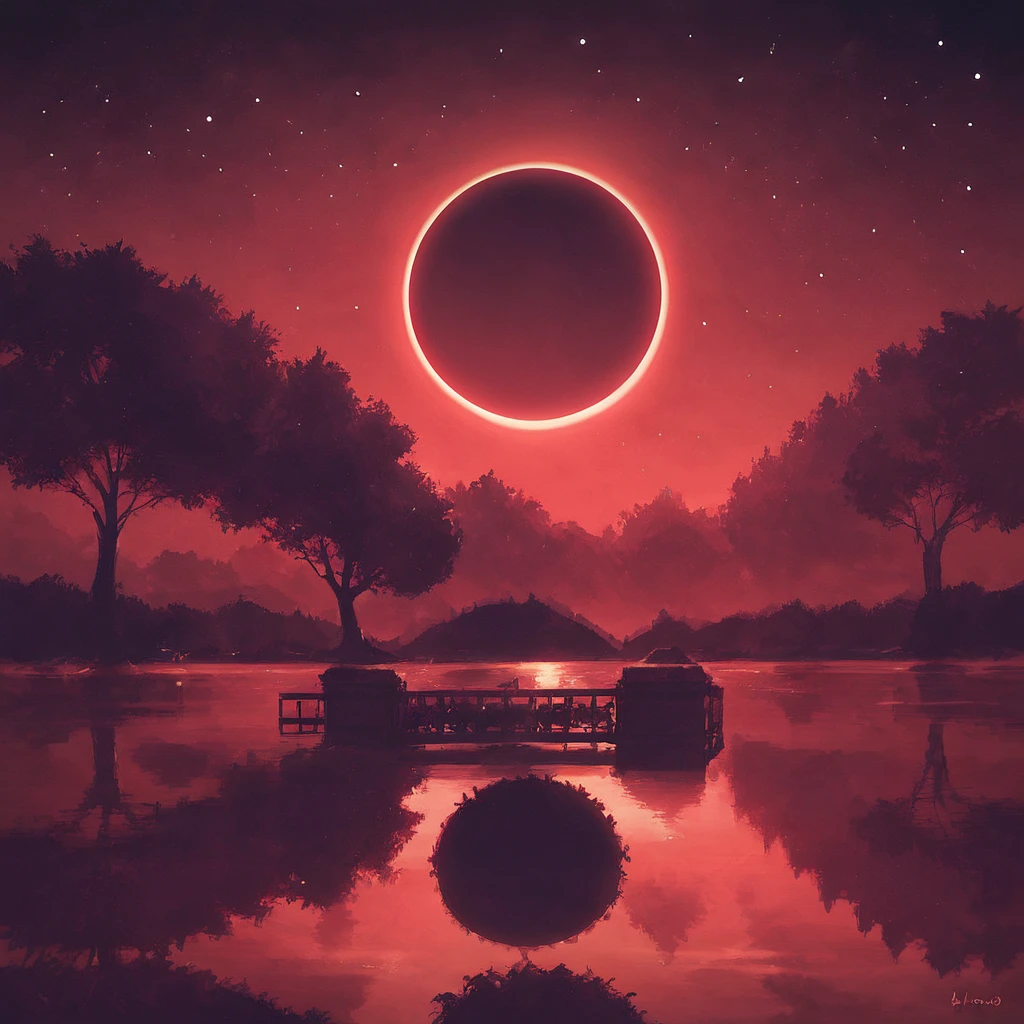 score_9, score_8_up, score_7_up,eclipse,1girl,sky,water,tree,night,moon,star (sky),scenery,starry sky,reflection,silhouette,bridge,red theme
,digital art,
 <lora:EclipsePony:0.4> <lora:add-detail-xl:0.8>