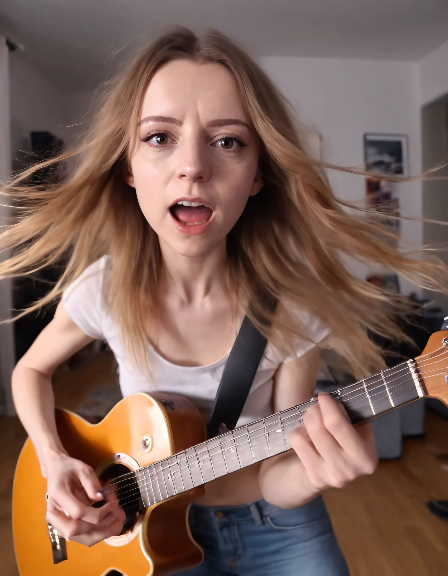 Elise Ecklund, a stunning and talented artist, performs a captivating dance as she effortlessly switches from playing her electric guitar with expressive, brown eyes, to taking an impressive full body hyper realistic Gopro action photo using the Fujifilm X-T4, 85mm f1.2 lens, with razor sharp focus and depth of field, capturing the minute detail of her flowing hair and shadow play from above, while the blurry background radiates a mesmerizing bokeh effect as if created by ray tracing, and finally, she shares an artistic selfie displaying her skillful expression with bare hands grasping her instrument, in a radiant state of happiness. <lora:lzylhv18e7819a671lc5:1>
