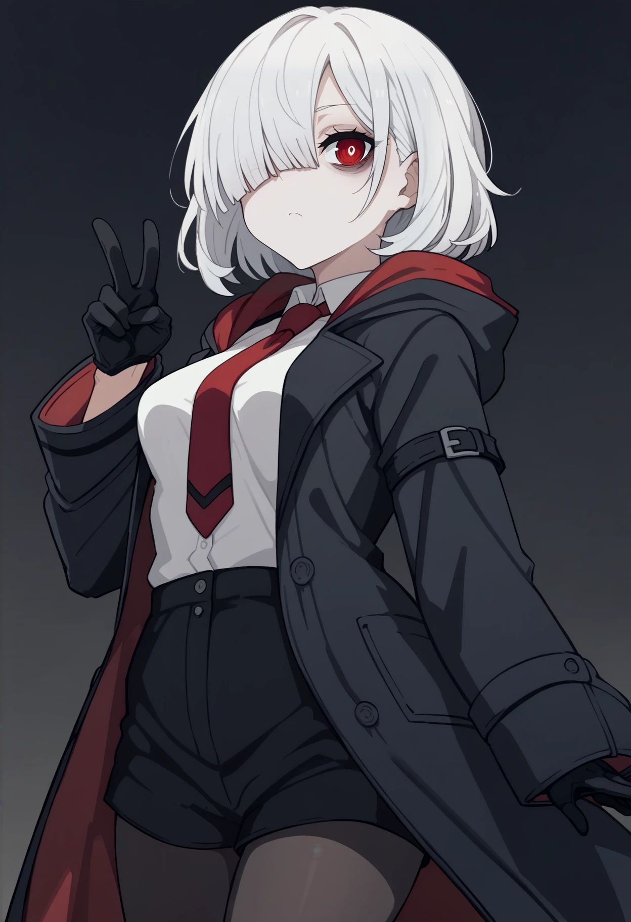 score_9, score_8_up, score_7_up, score_6_up, source_anime, BREAK, dutch angle, cowboy shot, black background, gradient background, 1girl, white hair, medium hair, hair over one eye, red eyes, white pupils, (bags under eyes:0.8), black coat, hooded coat, long sleeves, open coat, collared shirt, white shirt, medium breasts, red necktie, (half gloves:1.1), black gloves, black shorts, black pantyhose, peace sign, looking at viewer, expressionless, <lora:KakureEriaPDXL-07:1>