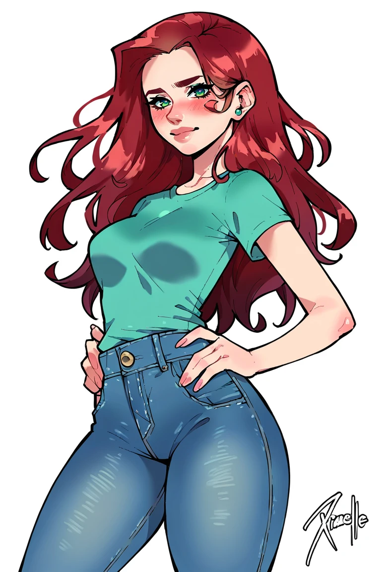 <lora:Xinaelle:1>, score_9, score_8_up, score_7_up, score_6_up, score_5_up, rating_questionable, source cartoon
1girl, pretty face, pretty eyes, detailed eyes, HD eyes, thick thighs
hands on hips, standing, cowboy shot
looking at viewer, blush, eyebrows, long hair, red hair, green eyes
jeans, green t-shirt, boots, high waisted jeans
simple background, white background