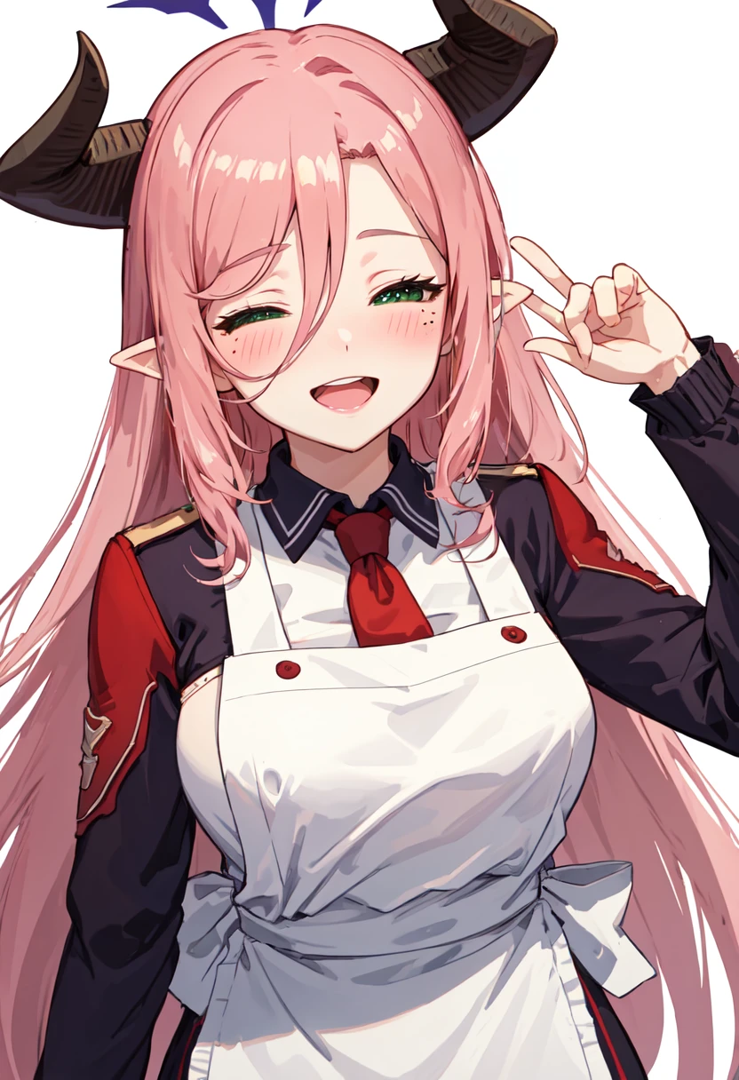 best quality, masterpiece, highres, solo, (juri_bluearchive:1.10), 1girl, smile, long sleeves, blush, open mouth, white apron, holding, red necktie, closed eyes, simple background, white background, looking at viewer, 0 <lora:juri_bluearchive:0.80>