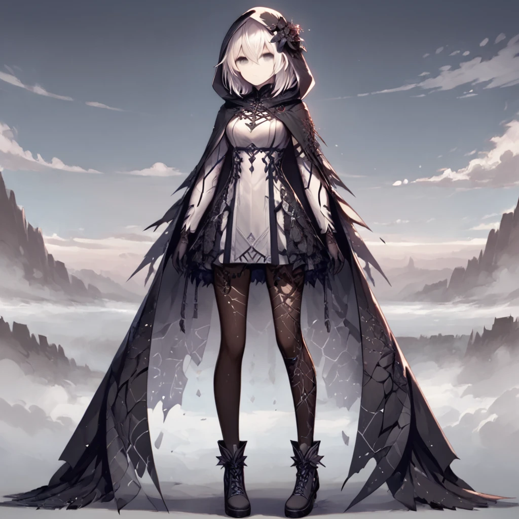 score_9, score_8_up, score_7_up,
ShatteredCloth,1girl,solo,breasts,looking at viewer,short hair,bangs,hair ornament,gloves,dress,hair between eyes,closed mouth,standing,full body,flower,white hair,pantyhose,boots,outdoors,sky,black gloves,cloud,hood,black footwear,grey eyes,expressionless,cloudy sky,cloak,hood up,arms at sides,hooded cloak,black flower,shattered effect on pantyhose
 <lora:ShatteredClothPony:0.6>