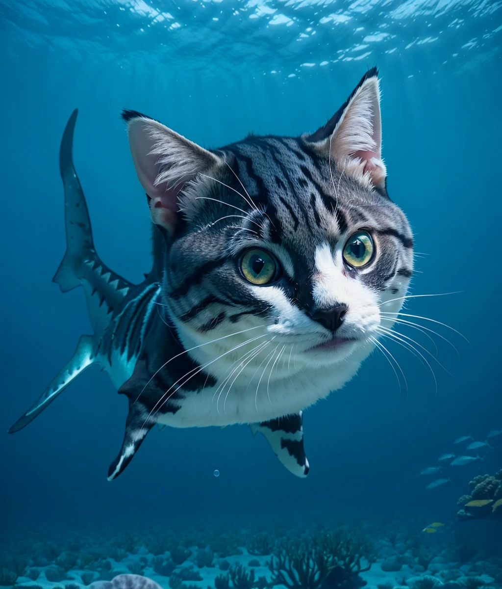 sharkcat,:3,cat ears,solo,gradient,chuchumy,cuteg,glowing,(ocean bottom),air_bubble,blue theme,(close-up:0.7),Marine Biology,<lora:VFX_Marine_Biology_v1:0.5>,