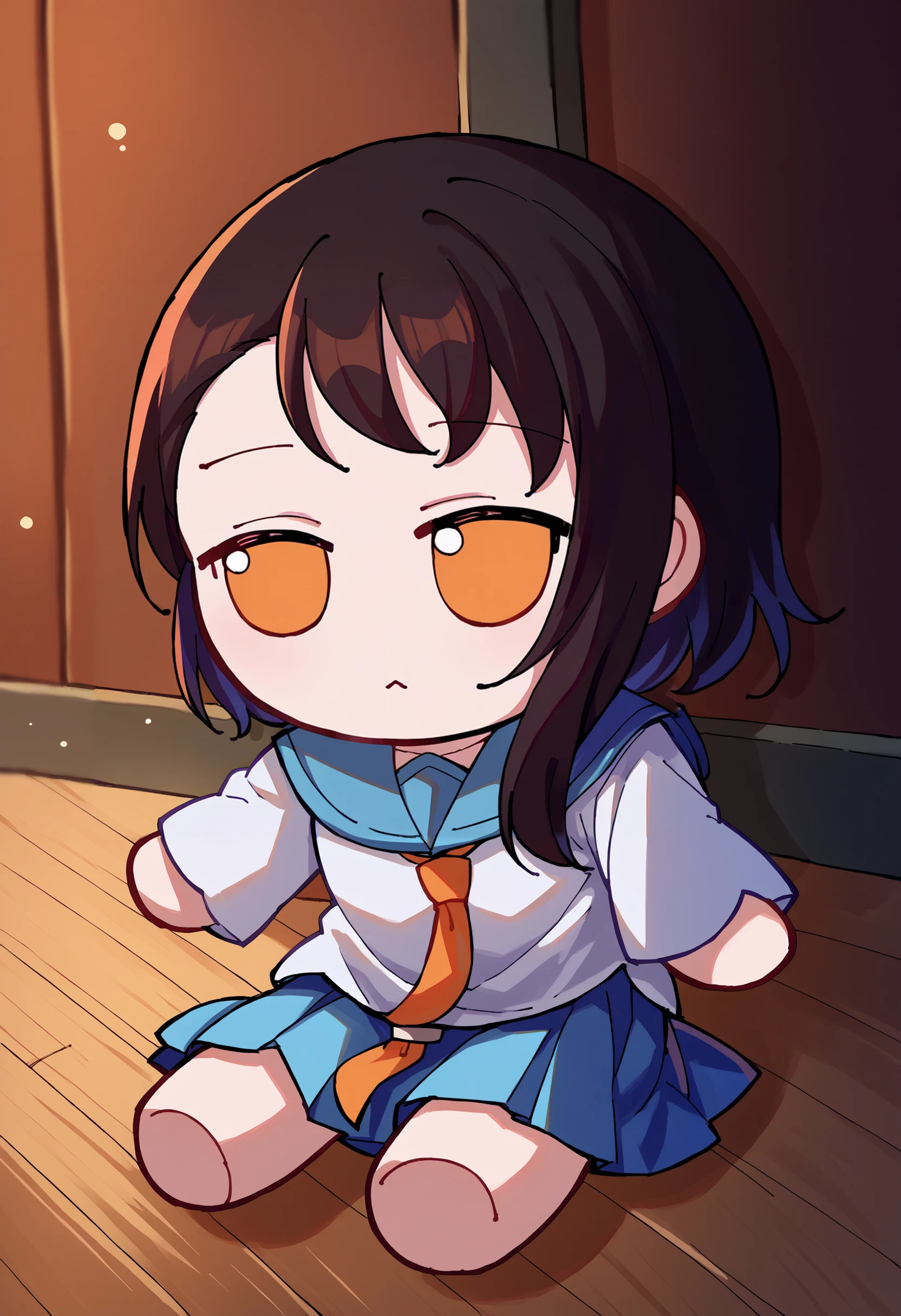 score_9, score_8_up, score_7_up, source_anime, 1girl, solo, OnoderaKosaki, <lora:OnoderaKosaki_XLPD:1>, school uniform, serafuku, blue skirt, pleated skirt, blue sailor collar, white shirt, <lora:style_toyfumo_ponyXL:1.2>, fumo \(doll\), chibi, sitting