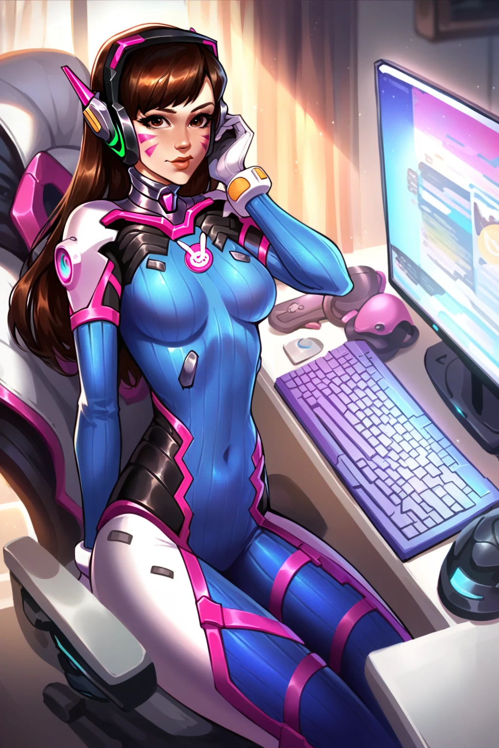 score_9, score_8_up, score_7_up, overwatch overwatch_1 d.va_(overwatch) 1girl blue_bodysuit bodysuit breasts brown_eyes brown_hair chair covered_navel facepaint gaming_chair headphones impossible_bodysuit impossible_clothes keyboard_(computer) large_breasts looking_at_viewer medium_hair mouse_(computer) solo swivel_chair watermark