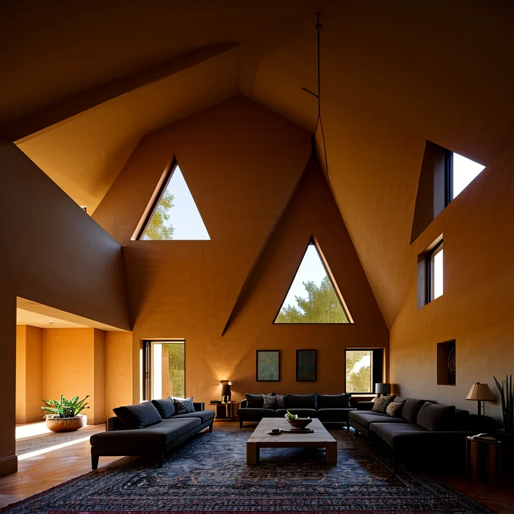 interior, living room, angular architecture, adobe architecture, triangluar-(perforated holes:1.3), dynamic angles, geometric facade, triangular motifs, sandy texture, <lora:AIDVN_TriangularAbode_v1:0.8>